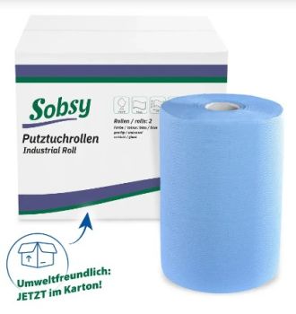 Professionelle Kartonverpackung der Sobsy Putztuchrollen für sicheren Transport und Lagerung.