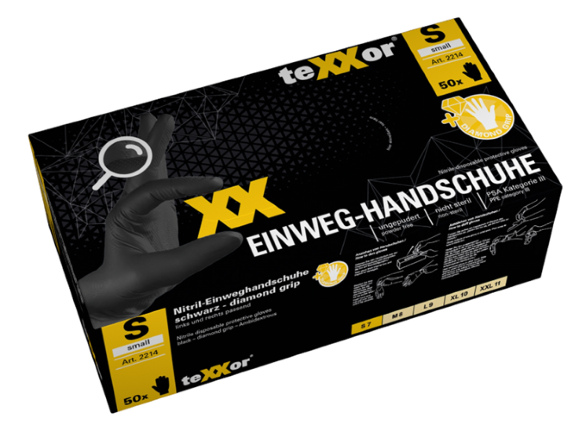 teXXor 2214 Nitril-Einweghandschuhe DIAMOND GRIP Schwarz – Spenderbox à 50 Stück