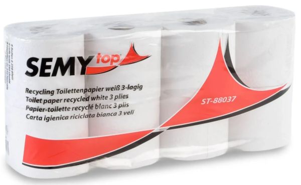 SemyTop Toilettenpapier 3-lagig aus weißem Recyclingpapier (Artikelnr. 88037-01) im 56 Rollen Großpack für den gewerblichen Bedarf