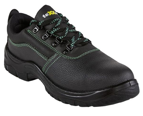 teXXor 6210 NANTES S2 Sicherheitshalbschuh in Schwarz mit grünen Kontrastnähten – Schrägansicht